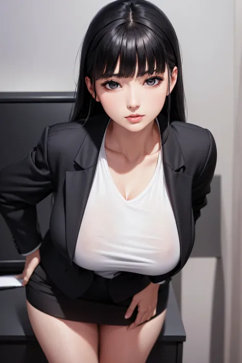 (ultra-detailed),( Japanese woman with a viewing angle of,Age 30),(OL, office lady, business suit, black jacket ,white u neck t-shirt, black skirt:1.5),( dark eyes,Slanted Eyes:1.2),( very big breasts:1.5),( thin waist),( big thighs :1.2),( black hair, lon...