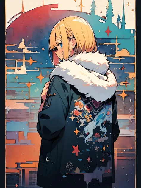 (from behind:1.2),Alone, (Warm suit with fur hood)、Blonde,(Wear a fur hood)、 russian、cute、 beautiful views of the Arctic、Ice World、Orange Asahi ,The ultimate beauty、dawn+,like a painting, watercolor painting style, The Art of Mathematics, Official Art, Mas...