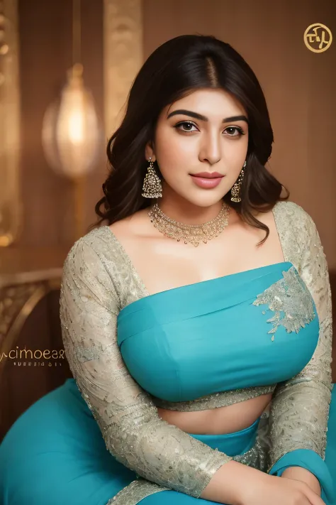 Create a portrait of a bold and confident Hansika motwani with a curvy figure, in Selvia Womens Round Neck Shrug perfect curvy model, curvy figure, beautiful face, details eyes, details face, no extra hand or legs, different angle, proper picture, beautifu...