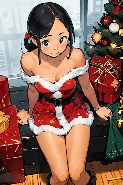 (One cute girl is sitting on the wooden floor in Santa Claus cosplay)　( Open Chest Dress)　( Big Breasts )　 long dark hair 　 a slightly embarrassed face 　Anatomically correct eyes　 dark blue eyes　 fresh cream on the cheeks 　 eating strawberry shortcake 　 an...