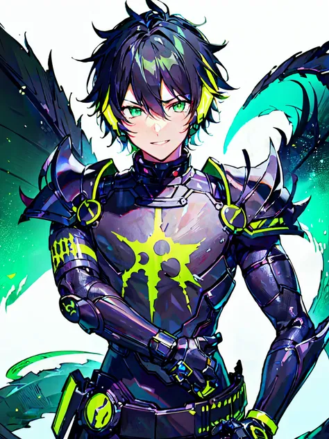 [(WHITE BACKGROUND:1.5),::5], ((masterpiece)), high quality, ultra very high resolution, full color, ((solo)), (little younger boy), Black cyborg armor, (Monster armor), (Monster mechanical tail), ((mens Black hair)), (Green streaked hair), (Green eyes), a...