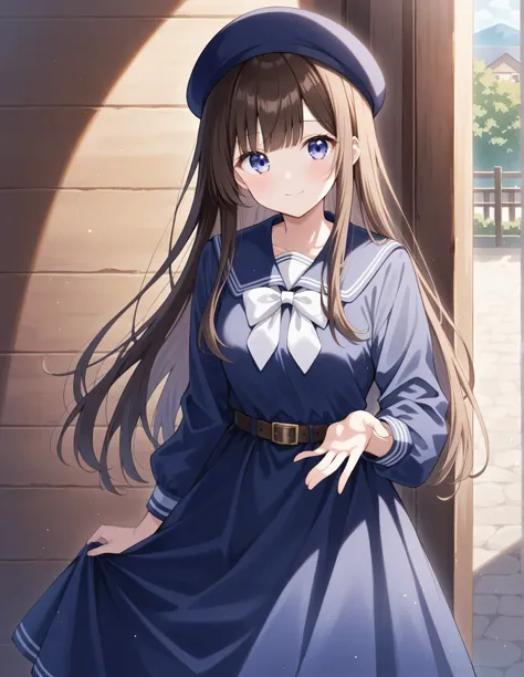  is written by, Gestures to introduce ,  1 girl,   Light Smile ,   looking at viewer,  cute round face,    long straight hair,  Detailed body, small tits, Wear a navy blue dress , Belt worn、 Long Sleeve ,  Daytime,  natural light, masterpiece,  top quality...