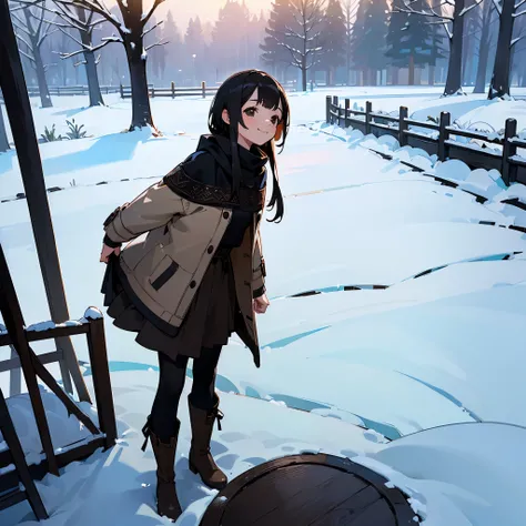 ( High Quality ,  high definition , Very detailed, reality:1.37), Peaceful atmosphere, (Outdoor, garden ,snow),  teenage girl standing alone, Beautiful details,  cute smile, (Black Bob), Ribbed sweater,Brown skirt, Black tights,  brown boots .