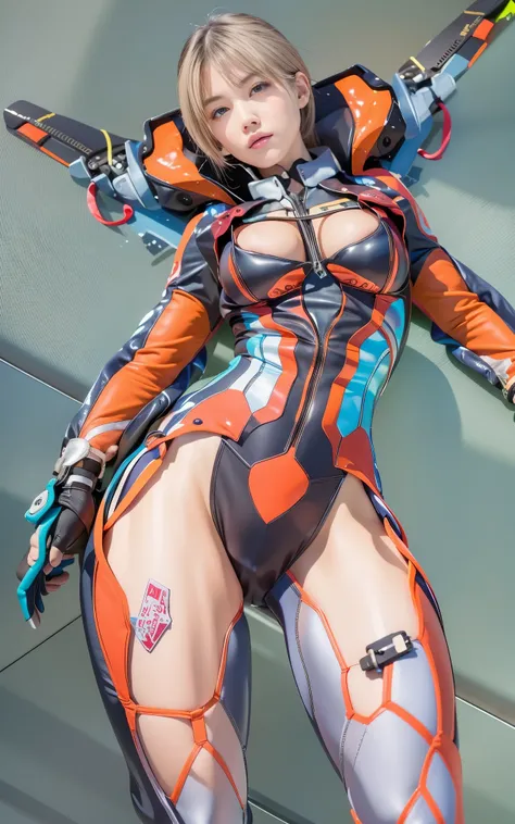 ((Best Quality)), ((masutepiece)), (Detailed: 1.4), (Absurd), Caucasian female fighter pilot ready for war, front walking, muscular sculptural body defined, Closed mouth, muscular body covered by technological clothing, Neon Genesis Evangelion Suit, Cyberp...