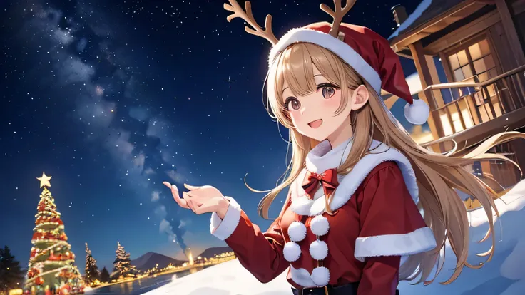 Alone Christmas、 Santa Claus costume、Ride a reindeer、 girl、One person、 Midnight with the sound of bells echoing 、  Magic that Santa softly gave me、  Illuminations full of smiles 、 Waves of light spreading 