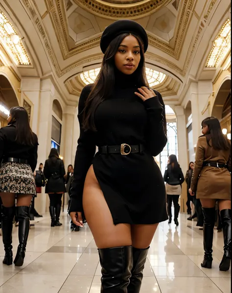 Mixed black ethnicity, curvy girl, long straight hair, wide hips, curvy body, wearing A body-hugging black turtleneck sweater dress, paired with suede thigh-high boots and a belted trench coat, Add leather gloves and a beret for extra sophistication, in Ga...