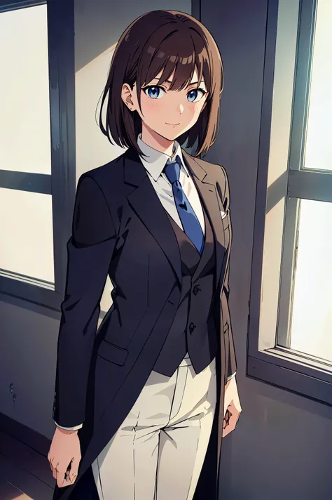 sauce_anime, ambient light,, 1tall girl,
1girl ,, medium hair, beige hair, , bangs, brown eyes,, badass), perfect eyes , Perfect face, expressive eyes,
woman in a black formal attractive suit tuxedo tailcoat standing , 1girl, solo, necktie, brown hair, b...
