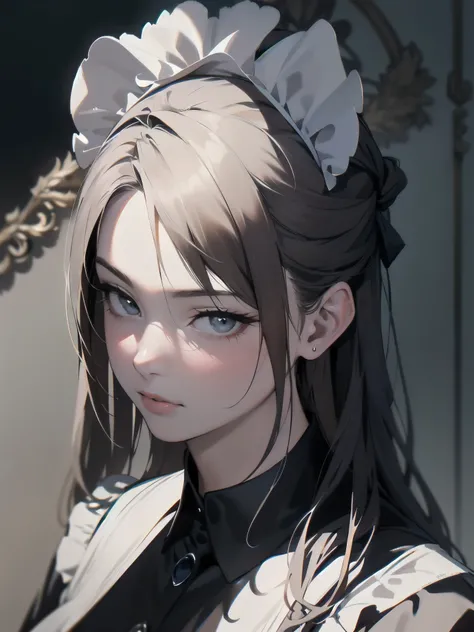 Masterpiece、Detailed illustrations、１６Ｋwallpaper、Portraiture、 is written by、shadow、Cinematic Light Source 、Beautiful Girl Model Fashion Shoot 、 one girl、solo、 Underexposed Maid Image Poster、A neat image、 classical style 、 retro interior 、