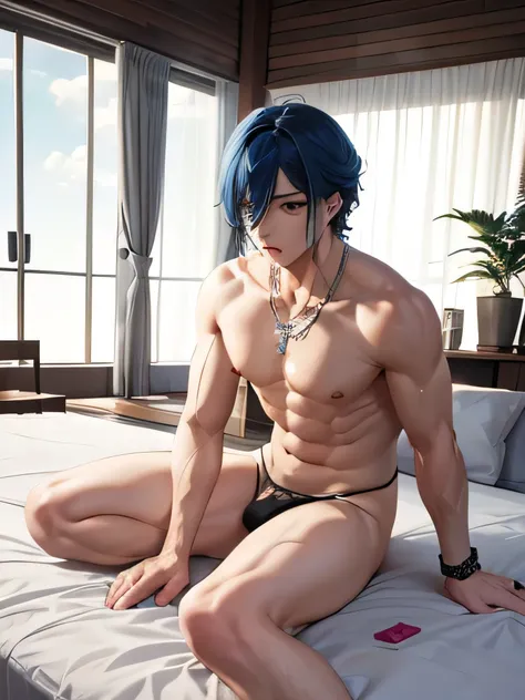   Anime Boy Lying in Bed in Black、 wet body、 bed in black、 Wearing Nothing But Underwear 、 High Quality Fan Art 、Hot expression、Beast、pixiv、Official Fan Art、pixiv、 Detailed Fanart 、 relax 、In the bedroom、  Relaxing Environment 、 Relaxing Feeling 、Anime aes...