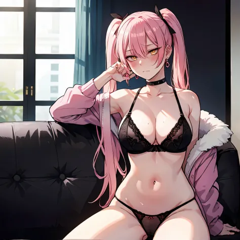 1 girl, yellow eyes, Twintails hair, long hair, pink hair, medium breast, medium ass, Bobby pins, choker, bored facial, earrings, black bra, black sexy panties, sitting on a sofa, lazy, relaxed, sleepy face, bored, drinking beer, blushing from drinking, dr...