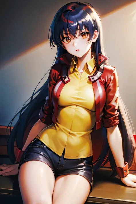  Perfect Anatomy　 top quality, highest resolution,((( shiny red jacket 　shiny yellow collared shirt　shiny dark blue hair 　 long hair)))　Saotome Rei　Yu-Gi-Oh! GX　 girl　flat breast