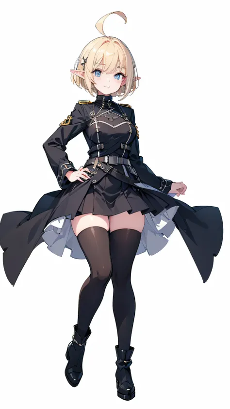 masterpiece,  top quality,(( 1 elf woman, Slender,Tall,adult, upright position, full body image )),Droopy eyes,Perfect dark blue eyes , (( blonde short hair)),ahoge,(((A thick X shaped hairpin is attached to the bangs))), very big breasts, black knee-high ...