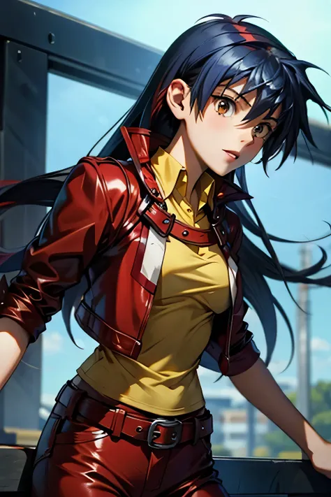  Perfect Anatomy　 top quality, highest resolution,((( shiny red jacket 　shiny yellow collared shirt　 Shiny Hot Pants 　shiny dark blue hair 　 long hair)))　Saotome Rei　Yu-Gi-Oh! GX　 girl　flat breast