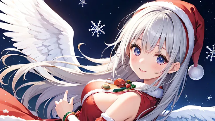  1 girl、 Santa costume with Santa H、Big white wings on his back、 Parade of stars dancing in the night sky 、Dancing with silver snowflakes 、a dreamy city、 I dedicate this moment to you