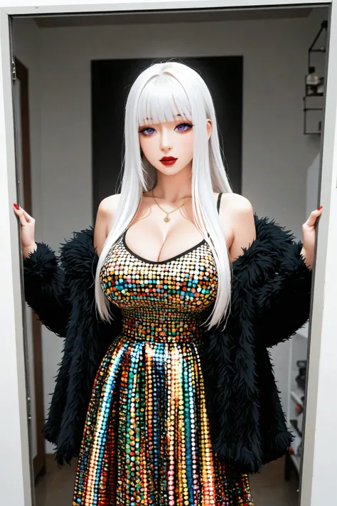 A beautiful asian woman with long straight white hair, straight bangs, big purple eyes, red lips, big breasts, and very pronounced cleavage stands facing viewer, though an extremely modern girl dressed in colorful alternative harujuku fashion who could be ...