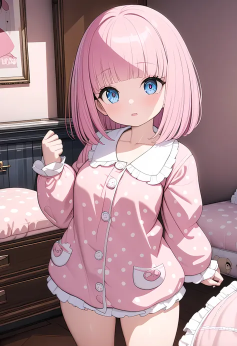 ( cute girl,loli),(pajamas),(cute light blue eyes , innocent expression ),( very big breasts),( big thighs ),( pink hair, bob hair,blunt bangs),room, Cowboy Shot ,ultra-detailed,8k, best quality, masterpiece, clear, ultra high res, super detail, accurate, ...