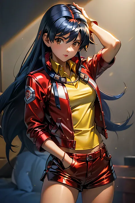  Perfect Anatomy　 top quality, highest resolution,((( shiny red jacket 　shiny yellow collared shirt　shiny mini shorts　shiny dark blue hair 　 long hair)))　Saotome Rei　Yu-Gi-Oh! GX　 girl　flat breast　 bed in black