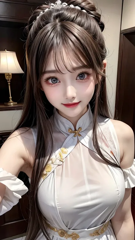 Highest quality、Realistic、Japanese、girl、zoom、cute、Grey Eyes、Long Hair、Bun Hair、Chestnut Hair、Back to all、the forehead is protruding、青いChina dress、China dress、Looking down、Big smile、Sweat、Bust Shot、thin、Large Breasts