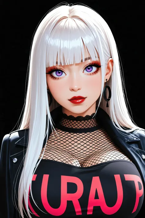 A beautiful asian woman with long straight white hair, straight bangs, big purple eyes, red lips, big breasts, and very pronounced cleavage stands facing viewer, though an extremely modern girl dressed in colorful alternative harujuku fashion who could be ...