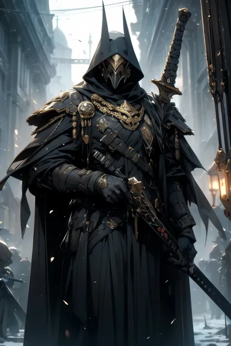  An imperial commissioner of Krieg in a gloomy and gothic landscape ,  dressed in a long black coat decorated with medals and a golden Imperial Eagle badge on his chest.  He carries a heavy bolter gun in a hand and a sword of brilliant energy on the other ...