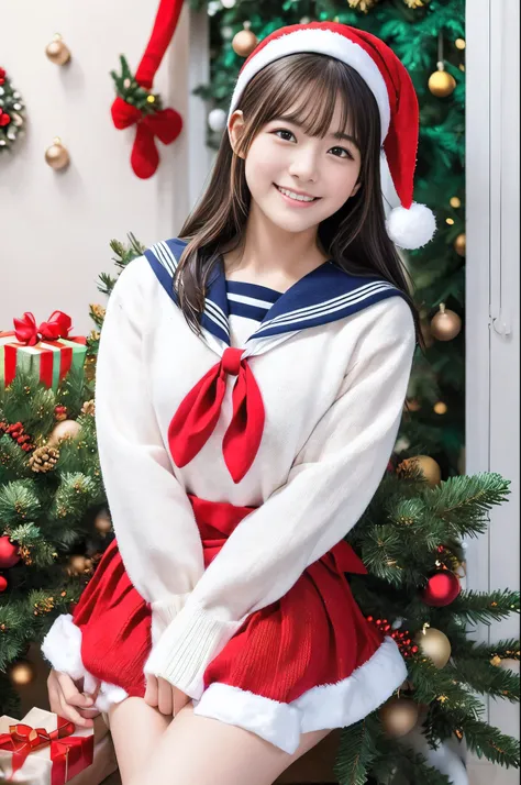 girl、1 person、Innocent、 (18 years old)、( Cute Like an Idol :1.2), a beauty girl、 small tits、 flat chested, HEALTHY SKIN、Healthy Body、 muscular、(恥ずかしそうに laughs)、 Sexy Outfit 、 Kitty Cat、Fluffy knit、(knitted fabric sailor suit 、Red Sailor Suit、Sharp Sparkl...