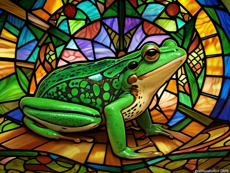 Here is the stained-glass style artwork of a frog facing forward, with a vibrant and intricate background. Let me know if you’d like to make any changes or have further requests!　"The frog is facing forward."　more big FLOG 