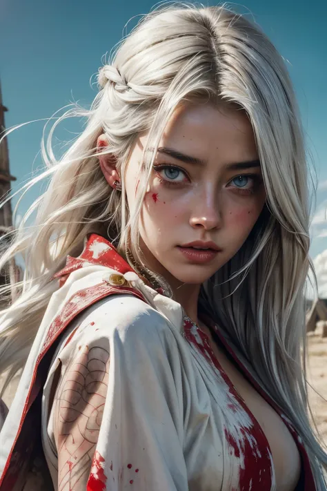 digital art realism, beautifu l blood stained, perfect face shiny white girl blood stained, face amber heard, white hair,  medieval setting, extremely blood smeared white robes, sexy, blood stained clothes flowing in the wind, tribal gear, bones, blood pri...