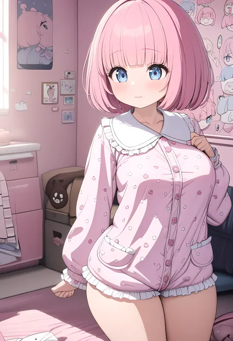 ( cute girl,loli),(pajamas),(cute light blue eyes , innocent expression ),( very big breasts),( big thighs ),( pink hair, bob hair,blunt bangs),room, Cowboy Shot ,ultra-detailed,8k, best quality, masterpiece, clear, ultra high res, super detail, accurate, ...