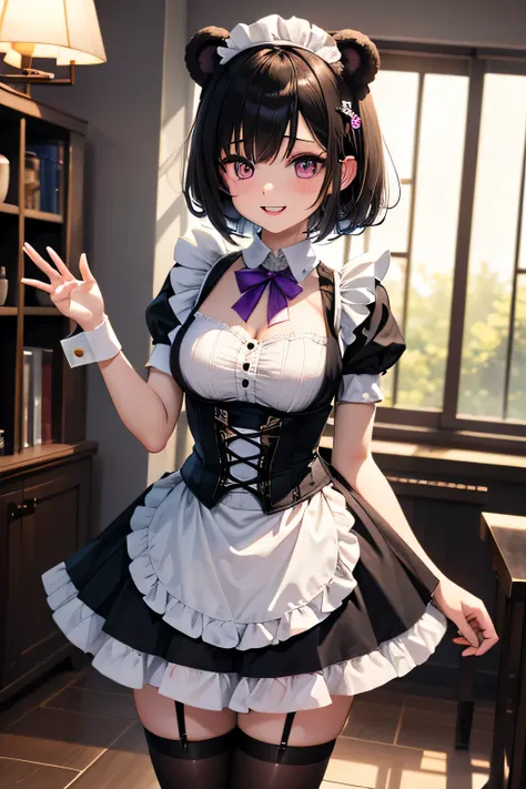 {worst quality, low-quality}, Photo of a girl in a maid cafe, ((Bear-eared chemomimi girl:1.4)), (((Black short hair:1.3))), plump shiny lips, (beautiful purple eyes), make a heart shape with hands,  ((Perfect hand:1.2)), wearing a french maid, white ruffl...