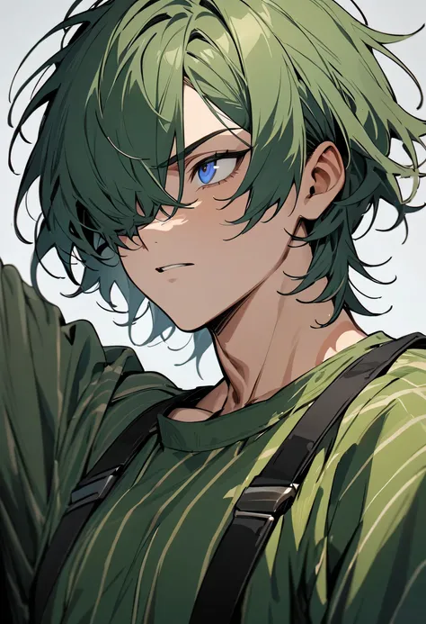 (masterpiece), best quality, high quality, 1 male, teenager, intimidating, green hair, short hair, bangs covering one eye, messy straight hair, blue eyes, black outline between the eyes, wearing a long-sleeved shirt with large stripes on top overall, alter...