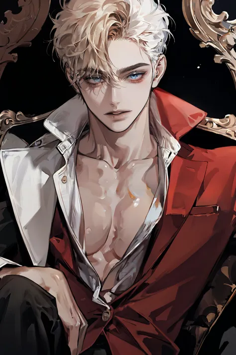 male,   gold wolfcut hairstyle ,   Goldhead ,  sparkling blue eyes,   sharp eyes without empty space ,    white skin   ,   front view  , (( Unbuttoned white shirt  )),  is sitting in a red luxury chair, Tremendous sense of pressure ,  dark atmosphere 