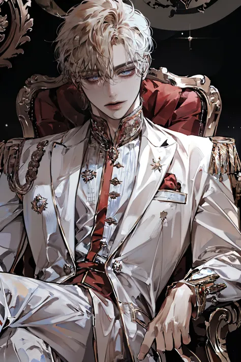 male,   gold wolfcut hairstyle ,   Goldhead ,   sparkling blue eyes,   sharp eyes without empty space ,    white skin   ,  Various compositions , (( royal uniform )),  sitting in a red luxury chair, Tremendous sense of pressure ,  dark atmosphere 