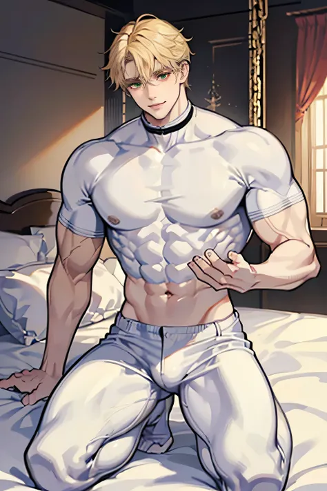 White male, blonde hair, muscular, tight white shirt,tight white trousers, giant straining bulge, brown eyes, young male, anime style, sly smile, full body, perfect face, handsome, abs, seductive, beautiful man, long legs, muscular legs, broad shoulders, o...