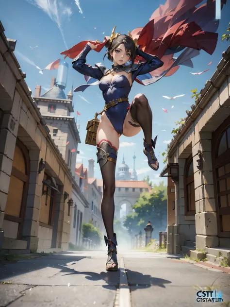 anime - style illustration of a woman in a gray leotard and iron armor, fantasy RPG video game character, official character art, trending on cgstation, e-girl, cushart krenz key art feminine, full body, female action anime girl, cameltoe:1.5