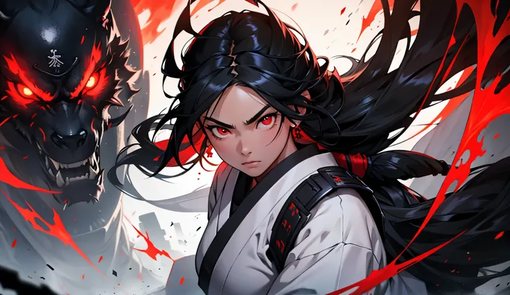  1 girl,  long hair,  red eyes,  Ultra High Definition,  black hair , samurai, warrior