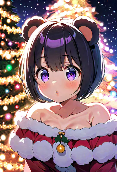 {worst quality, low-quality}, A beautiful Christmas tree decorated with various colored lights, illumination effects, (illumination particles), (illumination sparkles), (illumination rays), ((Bear-eared chemomimi girl:1.4)), (((Black short hair:1.3))), plu...