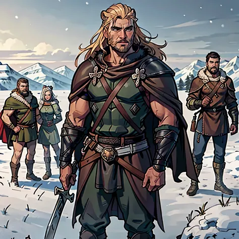 highest quality, masterpiece, 8k, realistic, high resolution, Male soldier in the era of Viking, 4 men march holding an axe and shield, wearing a leather armor and bear fur cape, in snow village