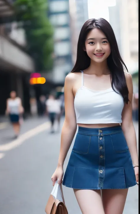 (masterpiece, highest quality:1.2), 8k, ((white plain tank top:1.2)), ((big chest:1.2)), ((full body:1.2)). ((Beautiful legs:1.2)),  ((dark-blue denim flared mini skirt:1.2)), 85mm,Official AR RAW Photos, Super slim slender beautiful girl, big breasts, ((C...