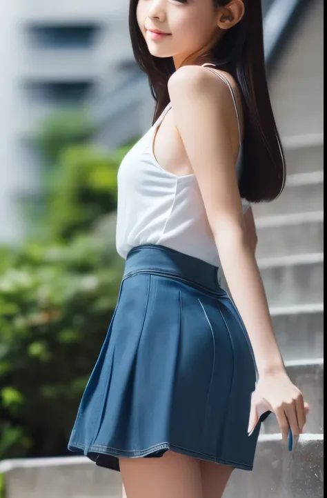 (masterpiece, highest quality:1.2), 8k, ((white plain tank top:1.2)), ((hem of tank top is in her skirt:1.2)), ((big chest:1.2)), ((full body:1.2)). ((Beautiful legs:1.2)),  ((dark-blue denim flared mini skirt:1.2)), 85mm,Official AR RAW Photos, Super slim...