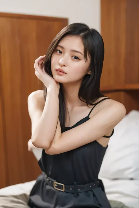 Highest quality,masterpiece,Ultra-high resolution,(Actual:1.4),Ultra-high resolution，8k，There are a women ，(head size:0.2),(Body slimness:0.5) ,She closes her eyes。 open her mouth 、(She is in a state of sexual arousal:1.2)、 Fair skin, Long legs:1.5，high wa...