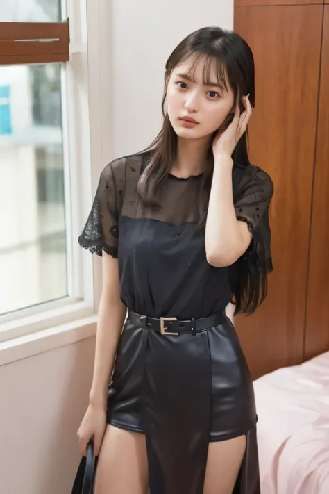 Highest quality,masterpiece,Ultra-high resolution,(Actual:1.4),Ultra-high resolution,8k,There are a women ,(head size:0.2),(Body slimness:0.5) ,She closes her eyes。 open her mouth 、(She is in a state of sexual arousal:1.2)、 Fair skin, Long legs:1.5,high wa...