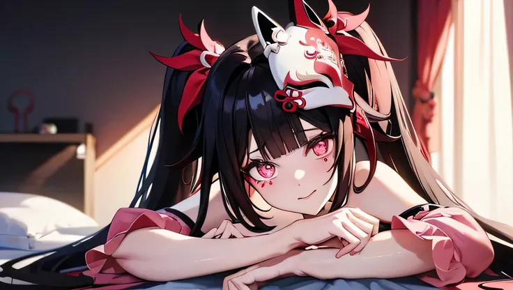 black hair, twin tails, fluorescent pink eyes with a light colored butterfly detail under her pupils, red, white-and-red Kitsune mask is at an angle on the top of her head, happy gaze, perfect body, wearing pajamas, on her bedroom, full body depiction, sfw...