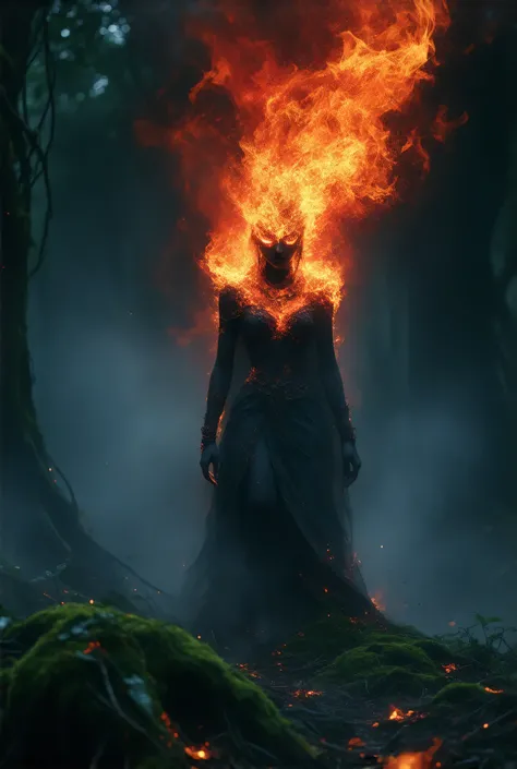 A mystical depiction of Banaspati, a mythical Indonesian fire spirit, appearing as a humanoid Girl figure engulfed in vibrant flames of red, orange, and blue. Its glowing, fiery eyes emit an intense, eerie light, while its entire form flickers dynamically,...