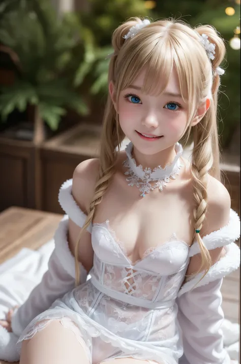 ((masterpiece)), ((highest quality、Ultra high definition)), (Very detailed),8k、Photo quality、((Amazingly cute girl)), Two people, , (Beautiful emerald blue eyes), ((smile)),A snowy night, Beautifully arranged blond hair in twin tails、whole body、(((The cute...