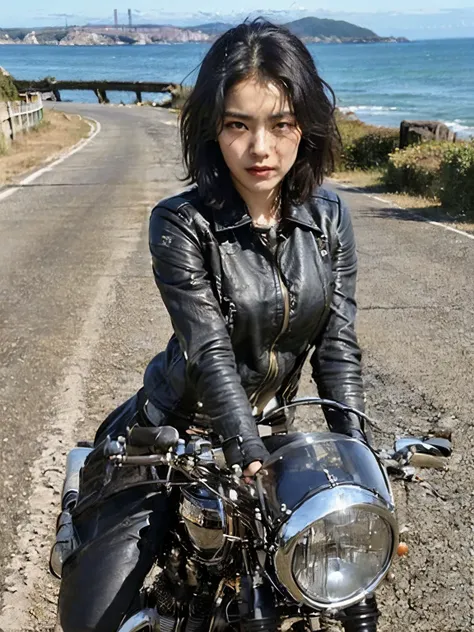 (Ride a classic motorcycle:1.2 )、(Vintage Bikes、Bluff Superior SS100)、Beautiful young Japanese woman、Beautiful Face, Black Hair, Short Bob Hair, Red classic leather jacket、(Accurate bike shape)、Photograph the entire bike、(The balance between people and bik...