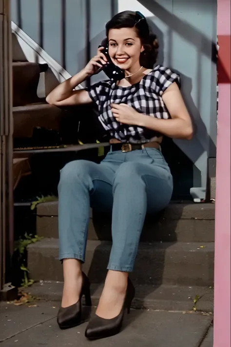 arafed woman sitting on a step talking on a cell phone, tight gray pants, legs spread, cameltoe, relaxed, 50s style infomercial, 1 9 5 0 s style, smile 1950s, 50s style, 5 0 s style, girl making a phone call, early screen test, retro 5 0 s style, vintage f...