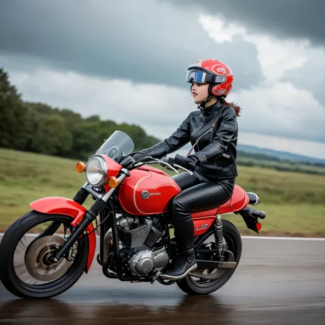 (A young female rider speeds along on a motorcycle)、Vintage Bikes、Bluff Superior SS100、Isle of Man Races、Leather jumper、Cromwell helmet with goggles、After the Rain、English countryside、(Highest quality, masterpiece, High resolution)、8k、wallpaper,masterpiece...