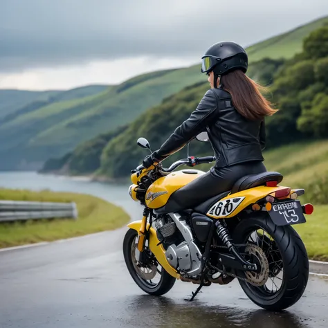 (A young female rider speeds along on a motorcycle)、Vintage Bikes、Bluff Superior SS100、Isle of Man Races、Leather jumper、Cromwell helmet with goggles、After the Rain、English countryside、(Highest quality, masterpiece, High resolution)、8k、wallpaper,masterpiece...