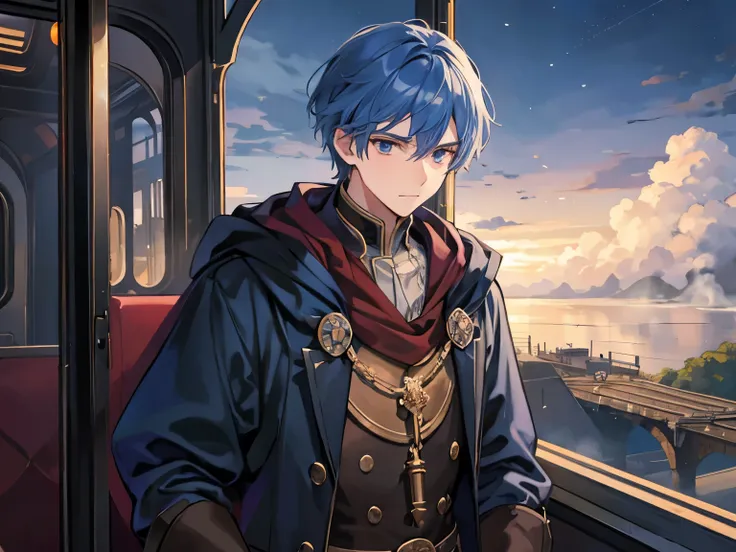 Male student, noble, middle ages, Steam locomotive, night, Commuting, fog,  upper body, melancholy, Blue Hair 