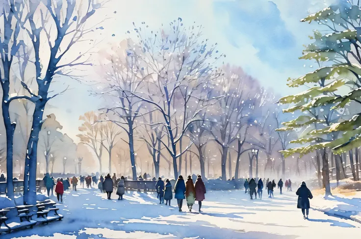 
painting of a winter scene with people walking in the park, watercolor painting style, watercolor colored painting, 2023 4k, watercolor painting, inspired by John Salminen, watercolor on canvas, by senior artist, watercolor art, vibrant watercolor paintin...